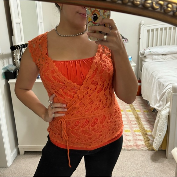 Vintage Y2K Wrap M Say What Orange Open Knit Topper Cap Sleeve Tie Front Bow - Picture 1 of 7